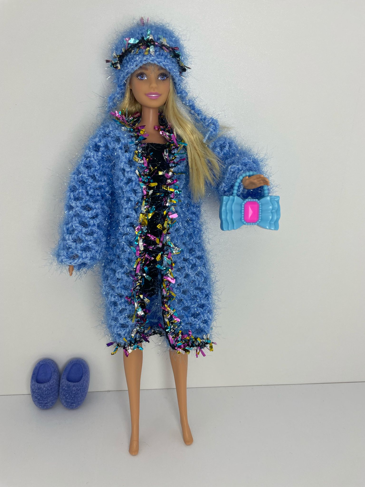 Mavi Oyuncak Bebek Kıyafeti Örgü Hırka - Bere Takım -2- Blue Knitted cardigan and hat