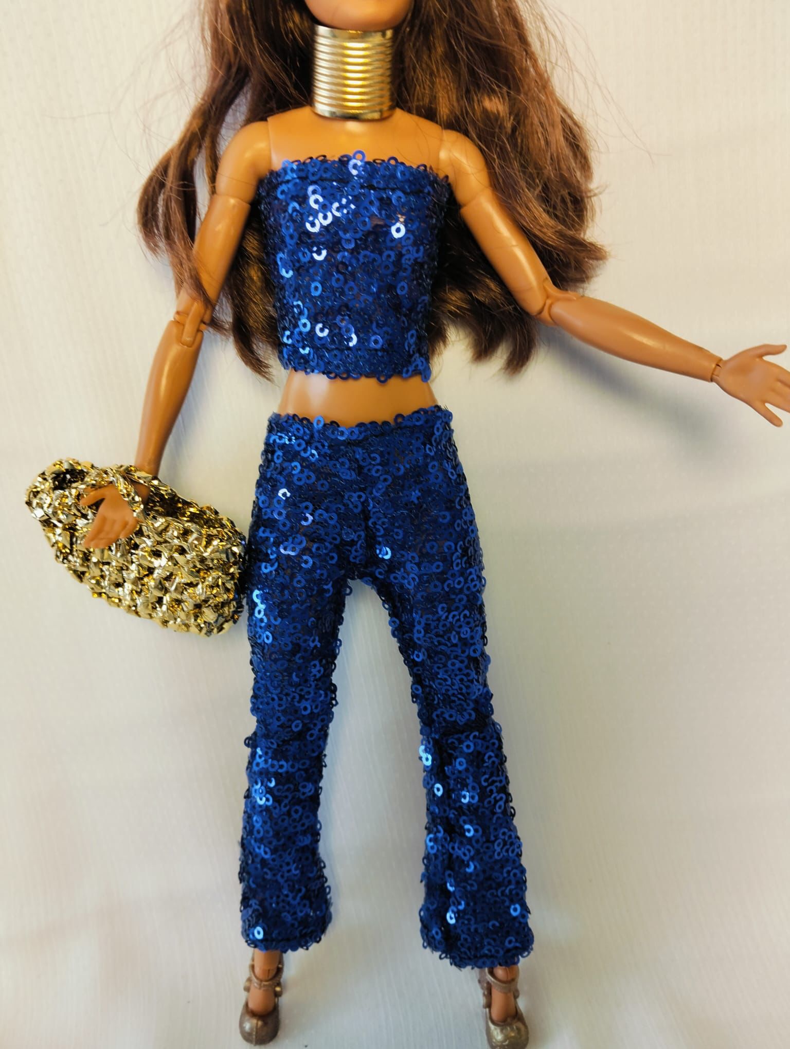 MIA WARDROBE PAYETLİ STRAPLEZ BLUZ , PANTOLON TAKIM OYUNCAK BEBEK KIYAFETİ  - Spangly strapless blouse and trousers - Blue