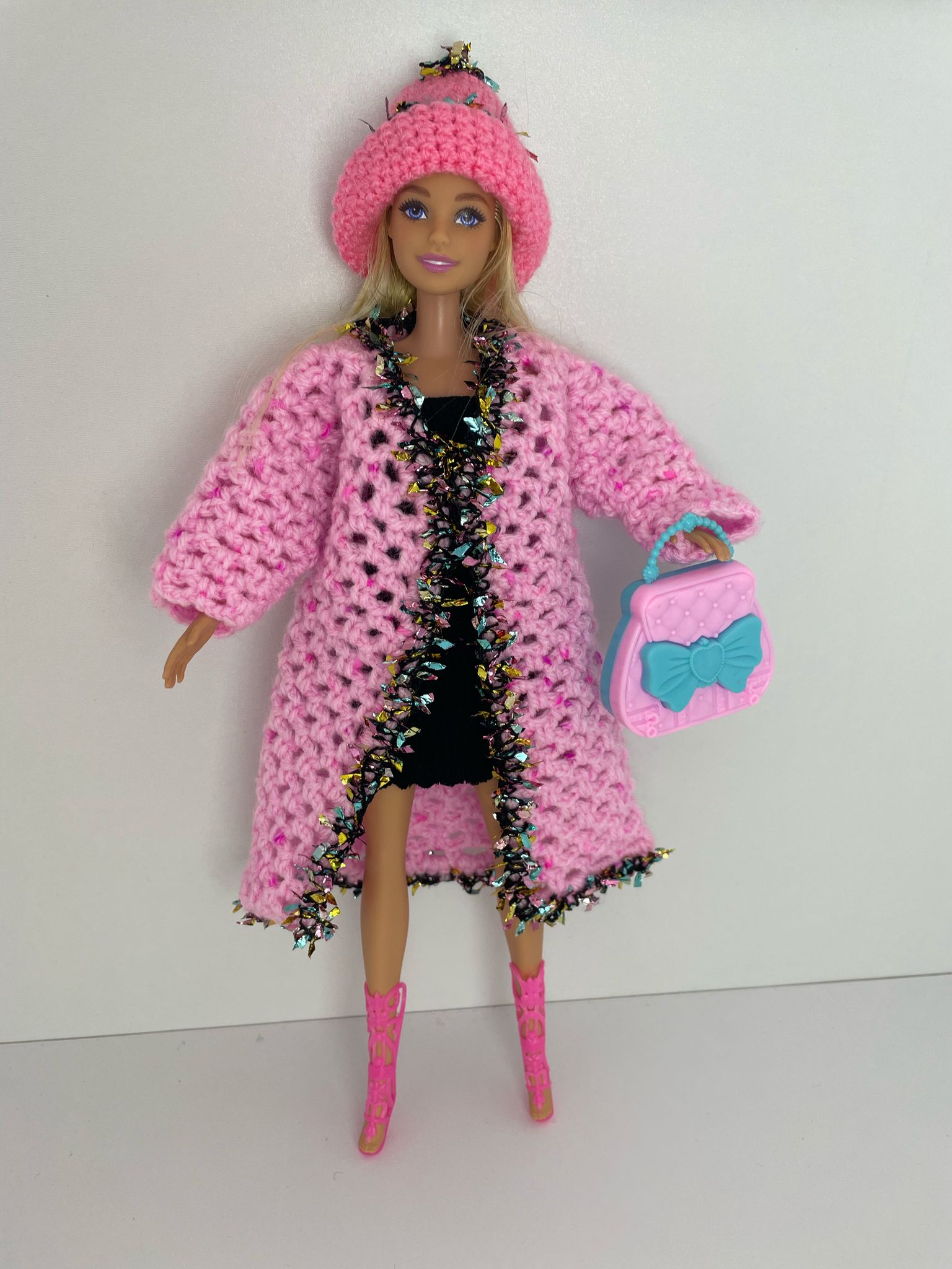 Mıa Oyuncak Bebek Kıyafeti Örgü Hırka - Bere Takım  - Pink Knitted cardigan and hat