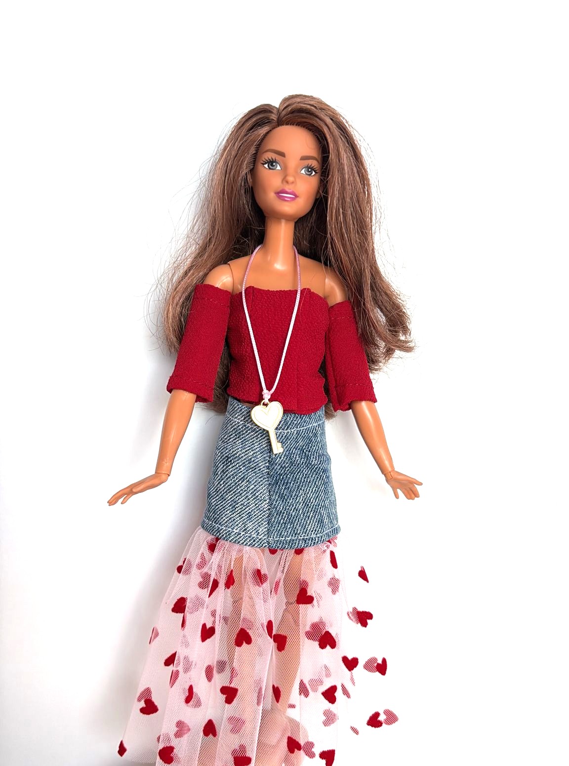 Kırmızı Üst - Denim Etek Detaylı Oyuncak Bebek Kıyafeti