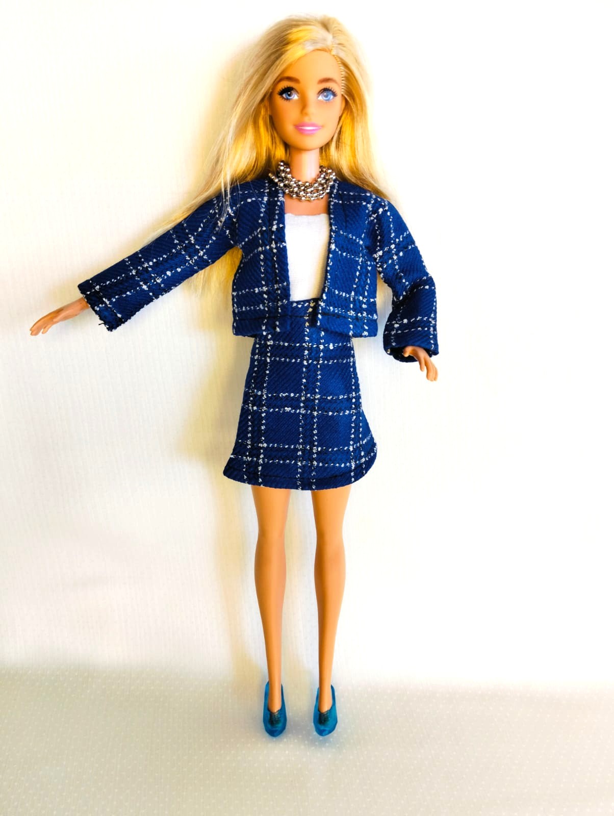 Mavi Kareli Oyuncak Bebek Etek Ceket Takım  / Blue checkered skirt and jacket