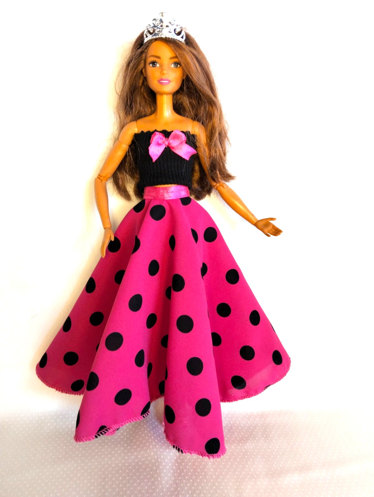 PEMBE PUANTİYELİ ETEK - BLUZ TAKIM OYUNCAK BEBEK KIYAFETİ  Pink spotted skirt and strapless blouse